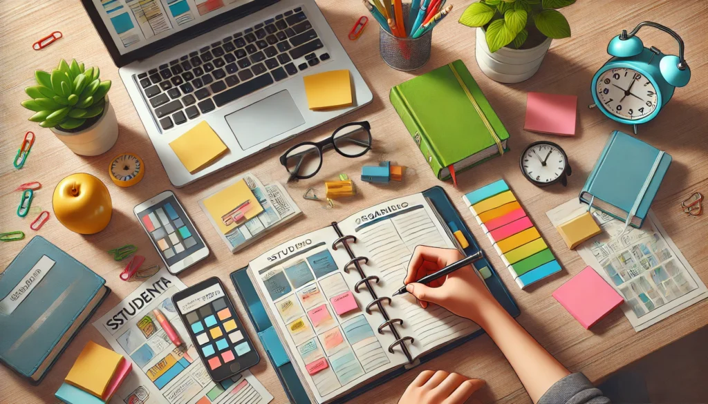 DALL·E 2024 06 25 14.46.29 Imagem realista mostrando um estudante planejando e organizando seus estudos com um caderno canetas coloridas post its e um laptop em uma mesa sim band fm conquista